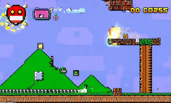 Retro pixelated video game scene with colorful characters, platforms, and a vibrant sky background