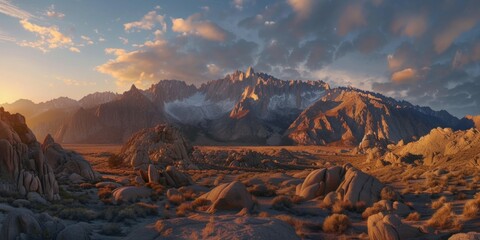 Obraz premium Panoramic view of snow mountains range landscape. Generative AI.
