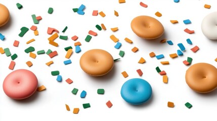 A photostock of colorful confetti spread randomly on a seamless white background, perfect for celebratory and festive themes. High Quality