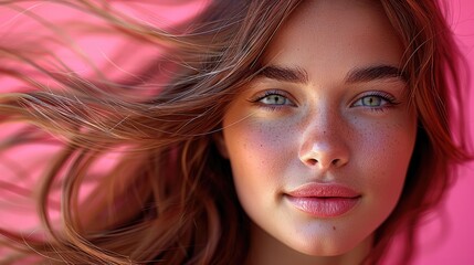 Fototapeta premium A woman with luscious, long hair in motion, her face showing a gentle smile while her hair flutters around her. The background is a bright pink, creating a fresh and cheerful mood.