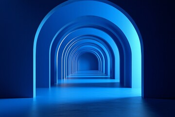 Fototapeta premium An arched corridor in blue, minimalistic, dark background