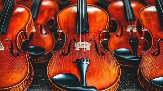 A row of violins are lined up, with the first one being the most prominent. The violins are all brown and black, and they are all facing the same direction. Concept of order and uniformity