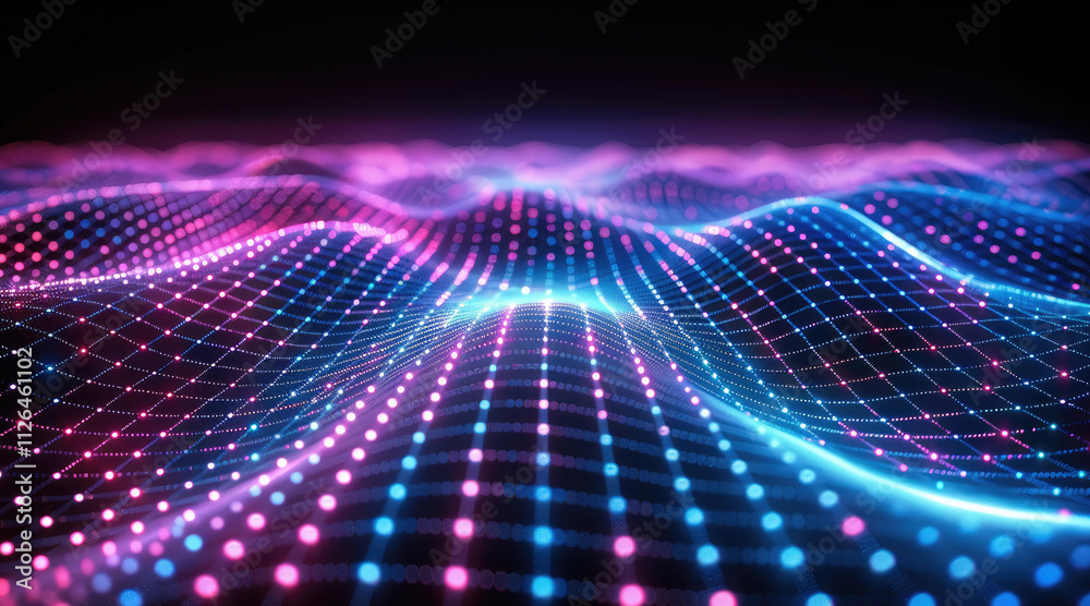 Poster Abstract glowing waves in a grid pattern, rendered in neon blue and purple tones against a black backdrop, futuristic and tech-inspired design.