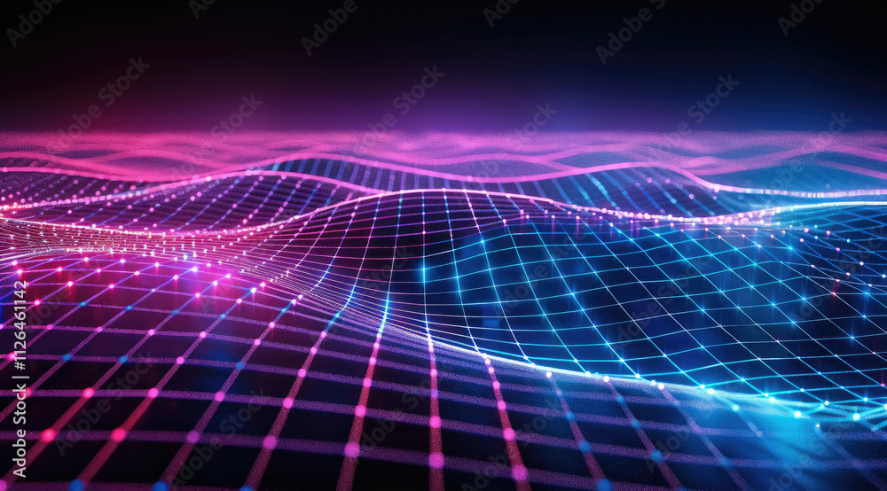 Poster abstract glowing waves in a grid pattern, rendered in neon blue and purple tones against a black bac