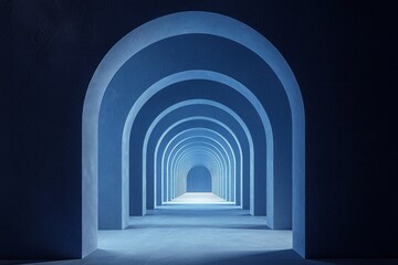 Fototapeta premium An arched corridor in blue, minimalistic, dark background