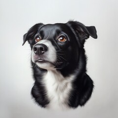 Realistic portrait of a black and white dog showcasing its expressive eyes and friendly demeanor against a plain background
