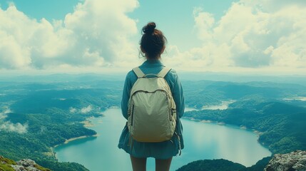 Fototapeta premium A woman is standing on a mountain top with a backpack on her back. She is looking out over a large body of water. Concept of adventure and exploration