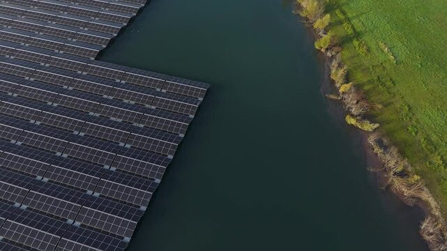 Floating Solar Facility Of Holemans - Kieswerk Ellerdonk In Wesel, Germany. Aerial Topdown Shot