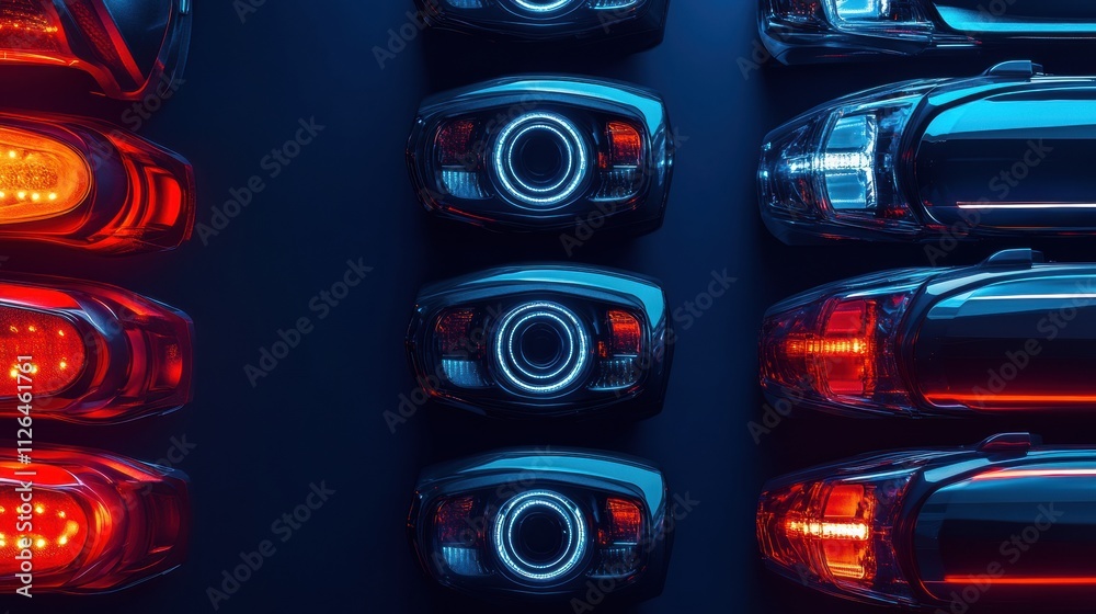Aufkleber Vibrant assortment of LED car headlights and tail lights is neatly arranged on a dark surface, creating a visually striking display. Generative AI