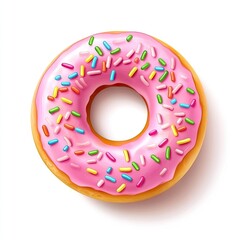 Colorful Pink Frosted Donut with Sprinkles on a White Background Perfect for Sweet Treat and Dessert Themed Designs