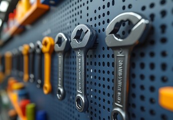 Fototapeta premium Metal wrenches hang on a perforated wall panel