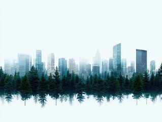 Obraz premium Urban Skyline with Misty Forest Landscape in the Foreground and Cityscape in the Background During a Foggy Day