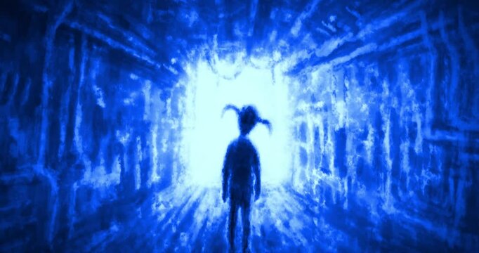 Small girl walks along dark corridor and creepy smiles, revealing her skull. Scary animation with devilish character. Black and blue background for Halloween. Motion graphics in horror fiction genre.