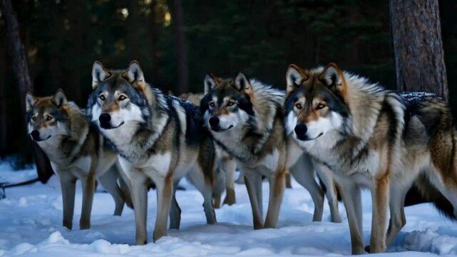 Wolf Pack in Snowy Forest at Dusk