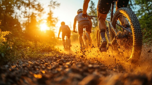 Three people are riding bikes on a dirt trail. The sun is shining brightly, casting a warm glow on the scene. The riders are enjoying the beautiful day