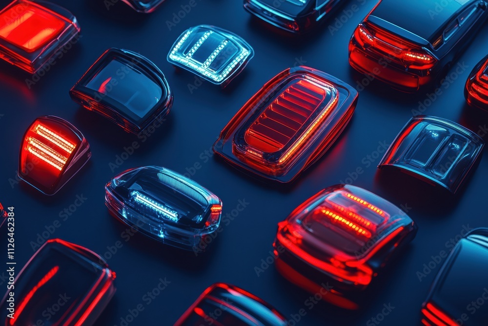 Aufkleber Display of assorted LED car headlights and tail lights showcases unique designs and colors on a dark background, creating a modern aesthetic. Generative AI