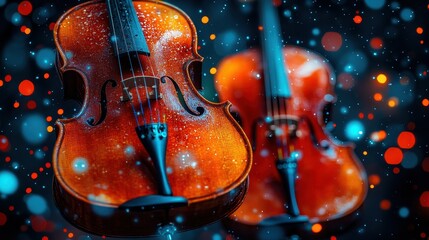 Fototapeta premium Two violins are shown in a blurry, colorful background. The violins are positioned close to each other, with one on the left and the other on the right. The background is filled with bright colors
