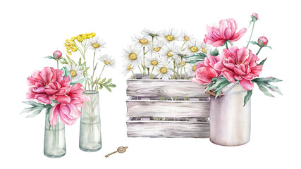 Watercolor bouquet of white blossom flowers chamomile in white gray wooden box and bouquet peonies in metal can. Flowers tansy in glass vases with key. Hand drawn illustration isolated on background