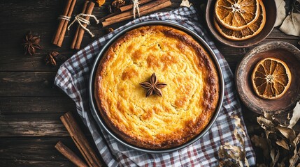 Golden cornbread in a vintage pie tin, surrounded by cinnamon sticks, dried oranges, and a rustic checkered napkin