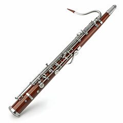 A concert bassoon with a long, curved body and silver keys, producing deep