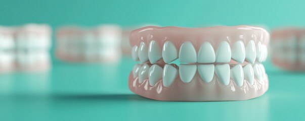 Fototapeta premium 3d multiple White teeth models on turquoise background copy space