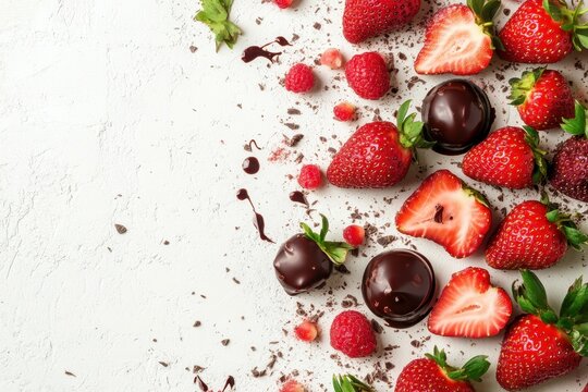 Fresh strawberries and raspberries drizzled with chocolate create a delightful dessert indulgence