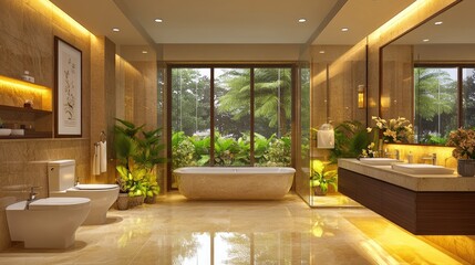 Fototapeta premium A modern bathroom with clean marble tiles, a spacious glass shower, and plants enhancing the fresh, luxurious vibe.