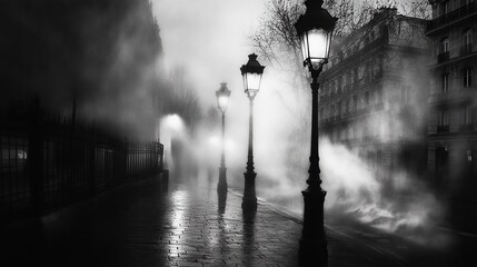A dense fog rolling across a quiet street, the soft light of streetlamps breaking through, symbolizing confusion and disorientation.