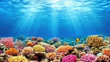 Naklejka premium Underwater Scene of Vibrant Coral Reef with Tropical Fish and Sunlight Shining Through Crystal Clear Ocean Waters