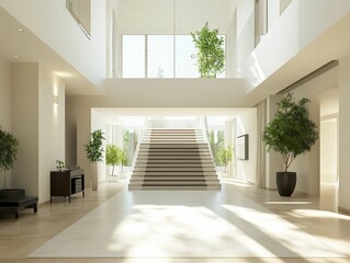Bright, airy entryway with central staircase, plants.