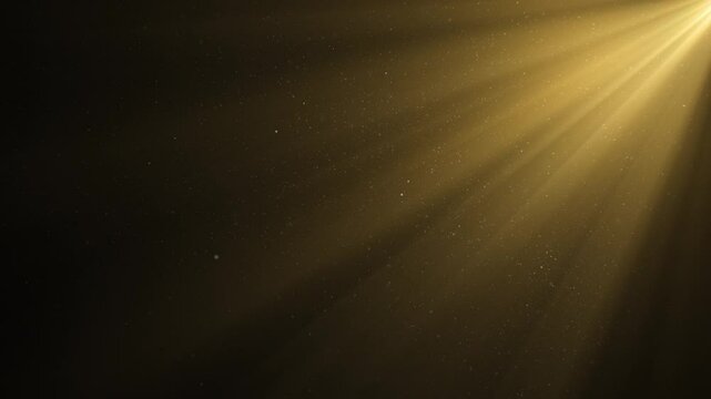 Beautiful Gold Volume Light in the Dark Seamless. Golden Rays Moving on Black Background with Floating Dust Particles Looped 3d Animation. Underwater Sun Beams Shining Deep 4k.