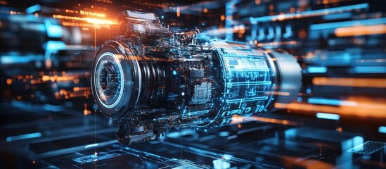 Fototapeta premium Futuristic engine design with digital overlay.