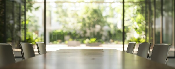 Blurred background of a modern office meeting room with a table and chairs for a business concept