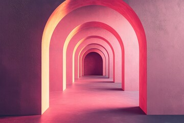 Fototapeta premium An arched corridor in pink, minimalistic, dark background
