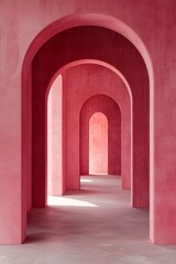 An arched corridor in pink, minimalistic, dark background