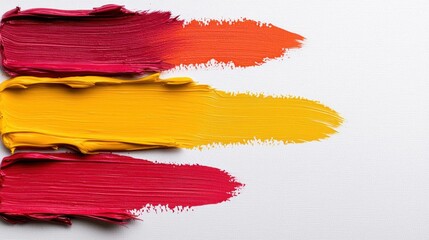A photostock of vibrant paintbrush strokes in shades of red, orange, and yellow scattered artistically on a seamless white background. High Quality