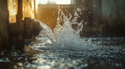Burst pipe spraying water, symbolizing urgent plumbing repairs concept.