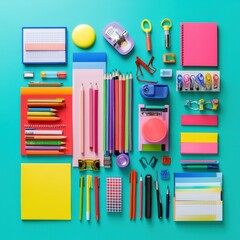 Fototapeta premium colorful stationery and office supplies flat lay