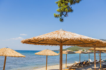 Beachfront with Straw Umbrellas and Loungers Overlooking the Calm Blue Sea