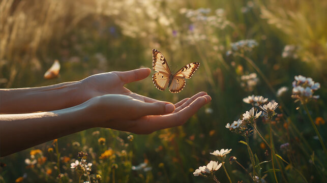 Woman hands releasing butterfly. Sense of freedom and connection to nature