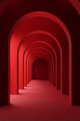Fototapeta premium An arched corridor in red, minimalistic, dark background