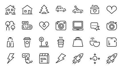 A collection of line icons. There are icons of a heart, a brain, a light bulb, a coffee cup, a house, a car, a building, a tree, a phone, and a camera. The icons are in black and white.