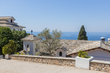 Tranquil Monastery Rooftops Overlooking the Aegean Sea in Thassos, Greece