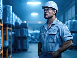 Confident worker in safety gear contemplating tasks in a warehouse full of materials under bright industrial lights
