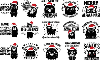 Christmas alpacas wearing festive Santa hats create joyful holiday scene, perfect for seasonal decorations and cheerful celebrations. Their playful expressions add to festive spirit