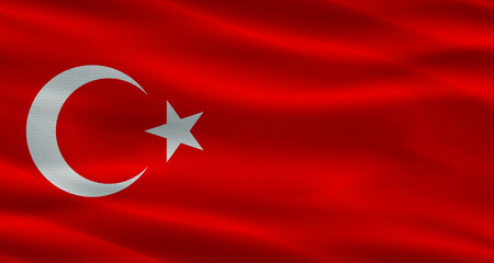 Turkish flag with a fabric texture waving. Close up of flag of Turkey with cloth texture