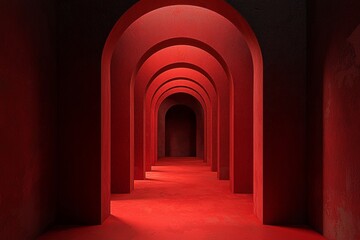 An arched corridor in red, minimalistic, dark background