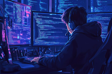 Focused young programmer coding a video game in an anime-inspired setting