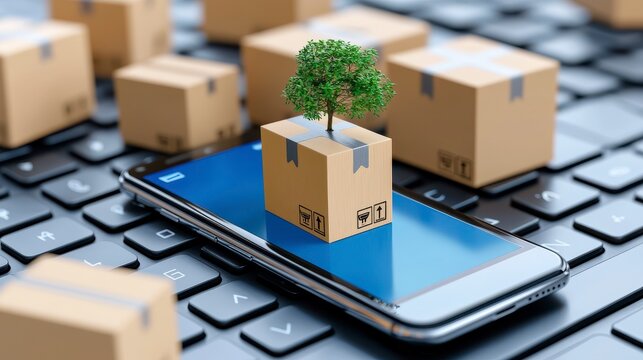 Innovative packaging solutions e-commerce industry digital visualization modern workspace top-down view sustainability concept