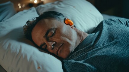 A middle-aged European man sleeping on a bed with orange earplugs in his ear will give you peace and quiet all night long. man on a pillow in the bedroom.